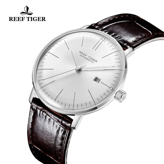 Reef Tiger/RT Luxury Brand Ultra Thin Watch Men Leather Strap Steel Automatic Watches Waterproof RGA8215