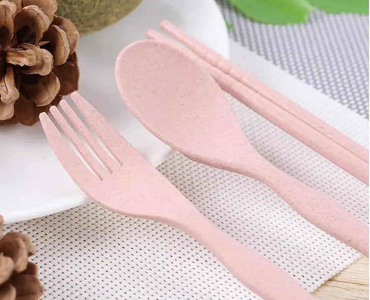 Shiny Portable Wheat Straw Tableware Cutlery Set Three Piece For Children Adult Travel Cutlery Kit Gift Dinnerware Set SN1535