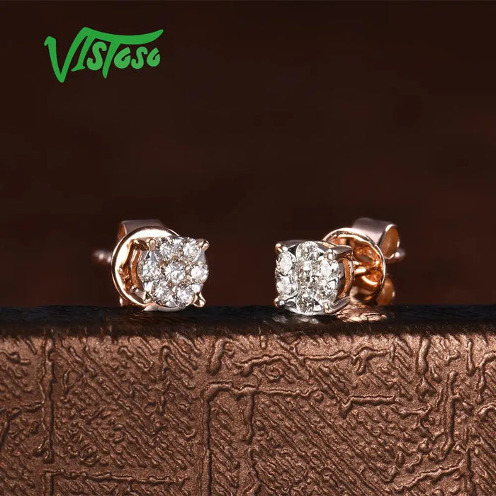 VISTOSO Gold Earrings For Women 14K 585 Rose Gold Sparkling Diamond Dainty Round Cirle Stud Earrings Fashion Trendy Fine Jewelry