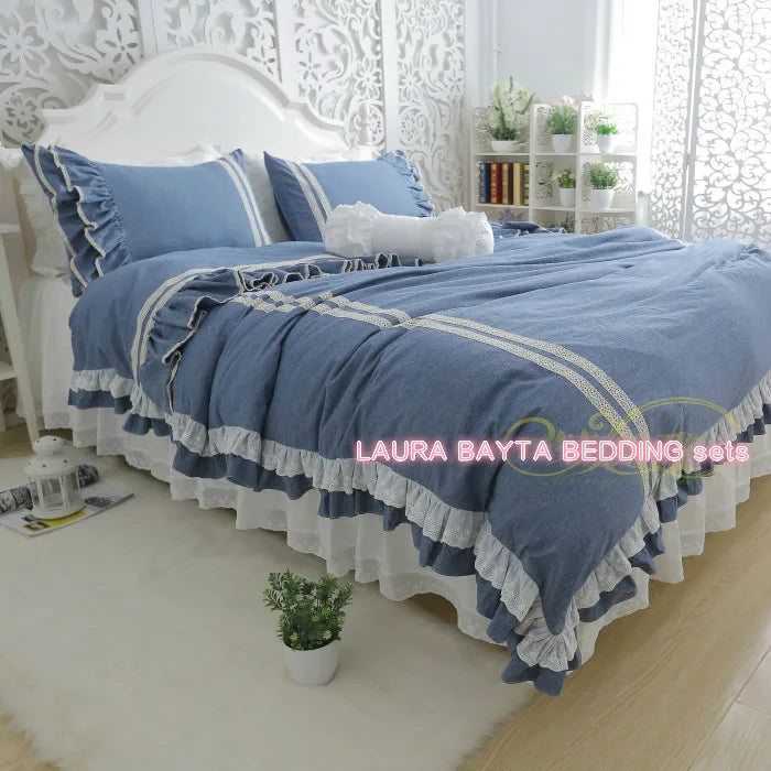 Morden Jeans Color Blue White Brief Pure Cotton Embroidered Lace Bedding Kit Queen King Size DuvetCover Pillowcase BedSheet Sets