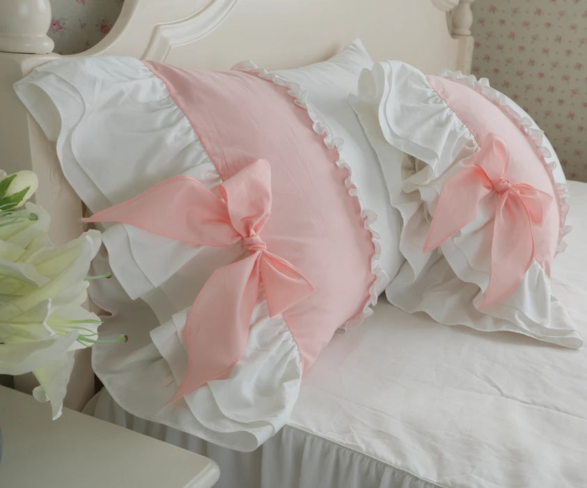 Luxury Pure Cotton 4pcs Princess Bedding Kit King size DuvetCover Bed Linen Pink and White Ruffle Bows Romantic Girls HomeBeding