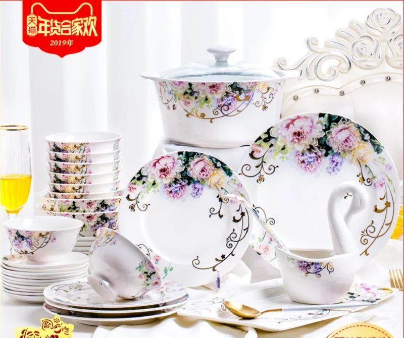 60pieces Guci Chinese Simple  Jingdezhen European Bone Porcelain Tableware and Ceramic Plate Combination