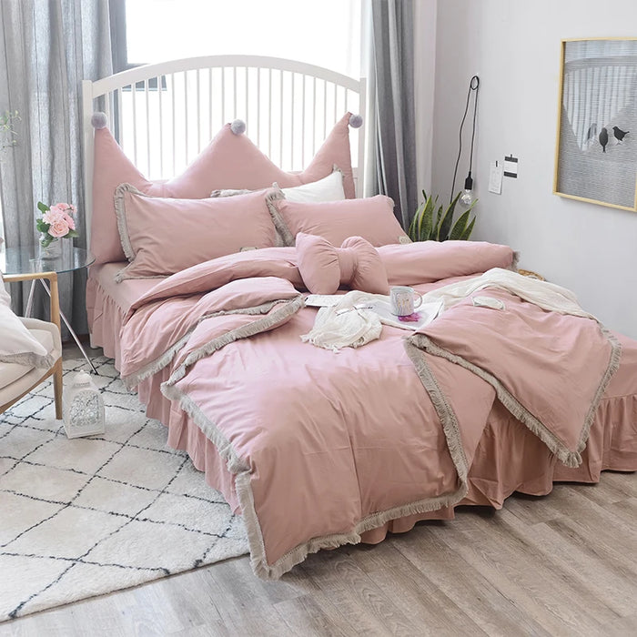 Princess Pink Bed set crown Duvet cover bed sheet pillowcase Sets White Elegant bedding sets king size lace comforter cover