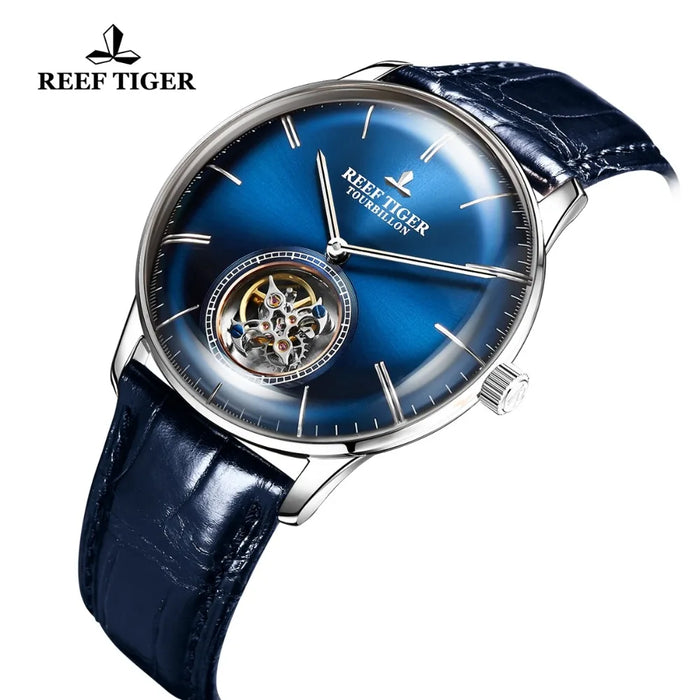 Reef Tiger/RT Blue Tourbillon Watch Men Automatic Mechanical Watches Genuine Leather Strap relogio masculine RGA1930