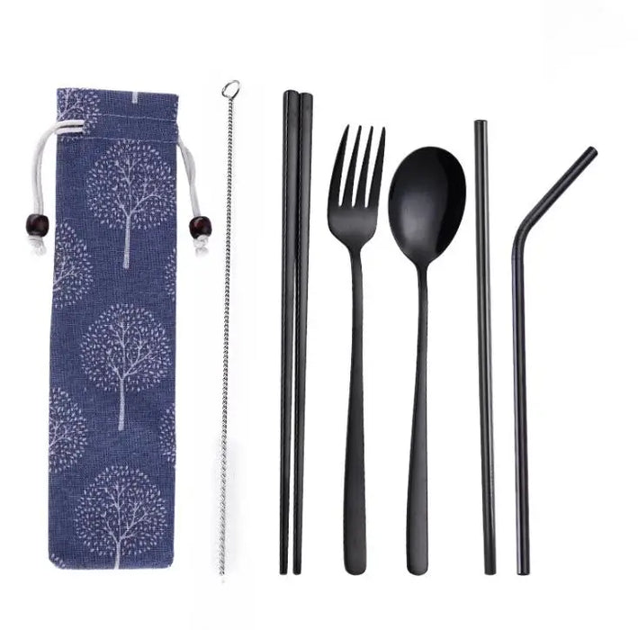 Stainless Steel Flatware Set 5pcs/set Reusable Metal Fork Spoon Chopsticks Portable Travel Silverware Set SN1608