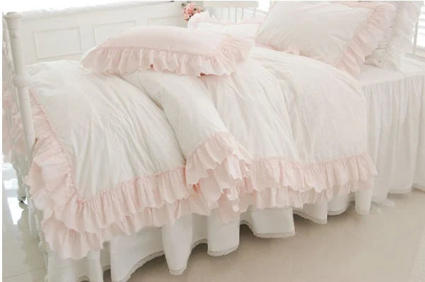 Korean Princess Cotton Pink  Ruffle Beding 4pcs set Sweet Bows Duvetcover Bedskirt White Elegant TWIN size Bedding Free shipping