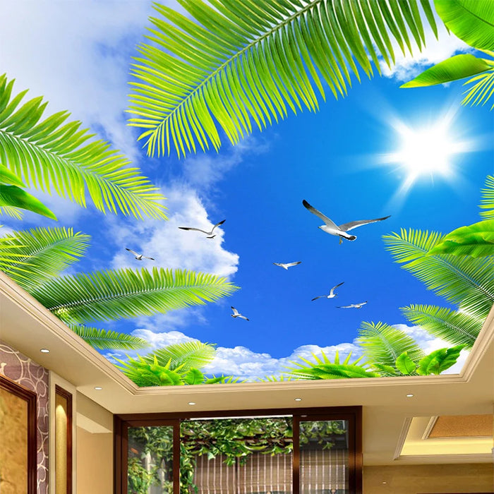 Custom 3D Ceiling Mural Photo Wallpaper Living Room Theme Hotel Ceiling Wall Decor Blue Sky White Clouds Beach Tree Wall Papers