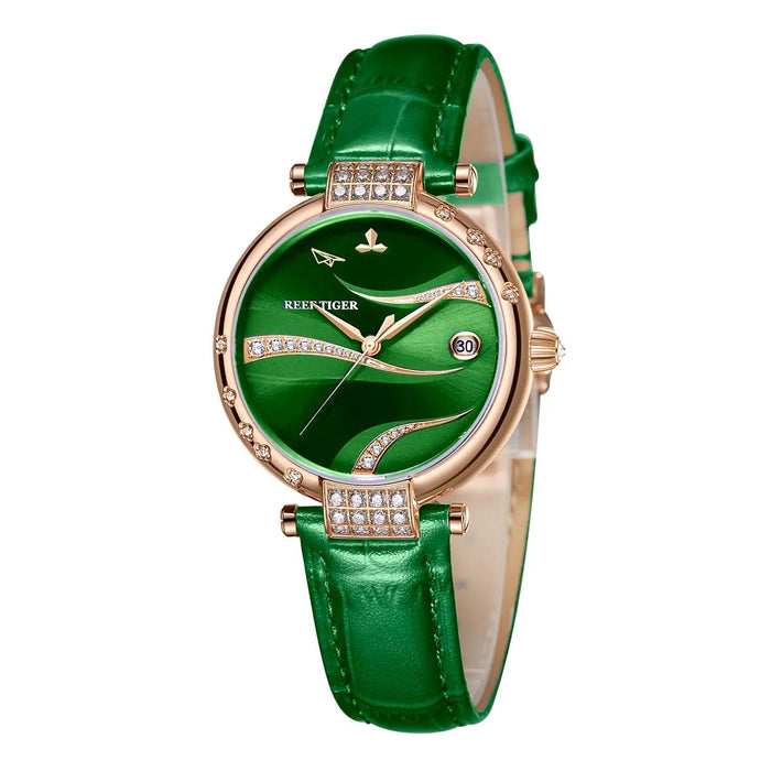 New  Reef Tiger/RT Designer Diamond  Luxury Women Rose Gold Watch Green Dial Waterproof Genuine Leather Strap Automatic RGA1589