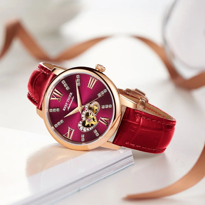 Reef Tiger/RT Luxury Brand Women Watches Rose Gold Automatic Watches Leather Strap  Diamond Watches Reloj Mujer RGA1580