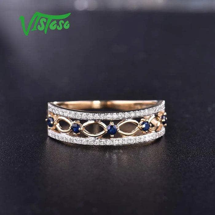 VISTOSO 14K Yellow Gold Rings For Women Genuine Sparkling Diamond Fancy Blue Sapphire Engagement Anniversary Unique Fine Jewelry