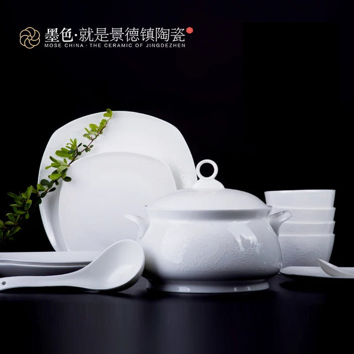 Jingdezhen ceramic ink 56 high-grade embossed white bone china porcelain tableware bowl dishes Panlong Yan