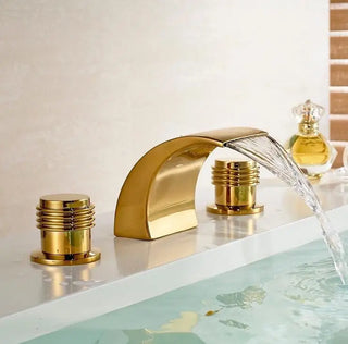 Wash basin faucet waterfall hot and cold, Copper three hole sink basin faucet golden, Brass handle bathroom bathtub faucet deck