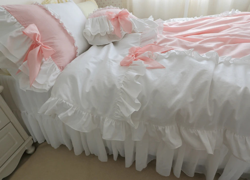 Luxury Pure Cotton 4pcs Princess Bedding Kit King size DuvetCover Bed Linen Pink and White Ruffle Bows Romantic Girls HomeBeding