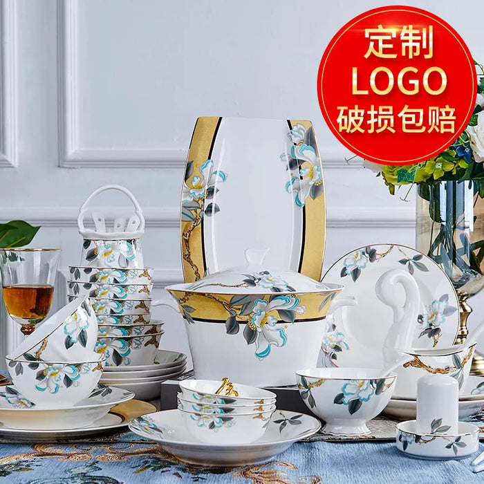 60pieces guci  Jingdezhen Ceramic Tableware Set High-grade Phnom Penh Bone Porcelain Tableware European Creative Household Gifts