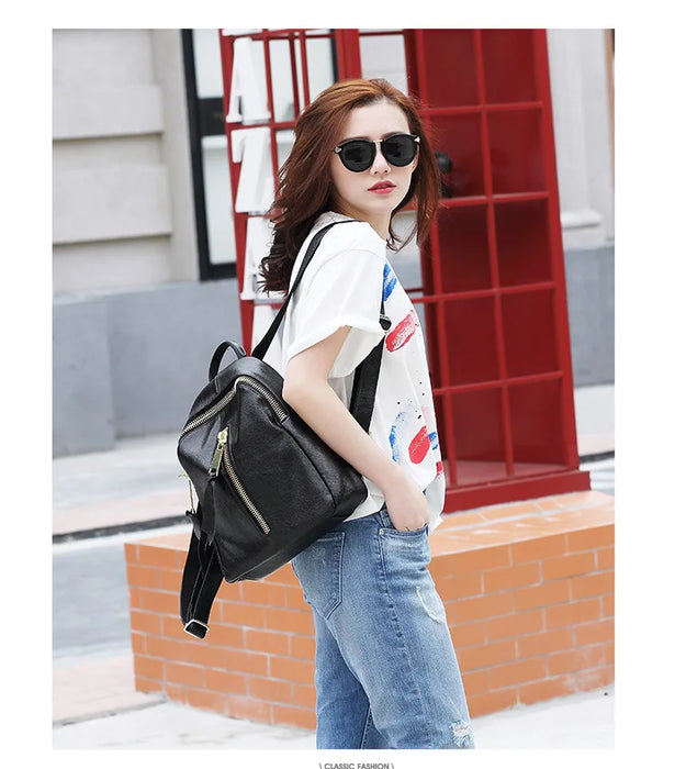 Women's Genuine Cowhide Leather Backpack School Bag with zipper pocket  2016 new design, Genuine Leather Shoulder Lady bag,