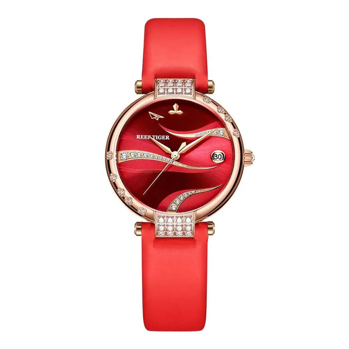 Reef Tiger/RT Rose Gold Case Stainless Steel Diamonds Fashion Womens Automatic Waterproof Red Dial Watches RGA1589