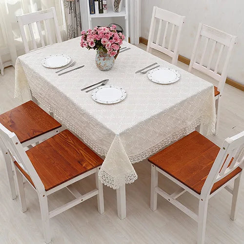 Cotton Linen Tablecloth Flower Embroidery Lace Hem Splice Simple European Style Cover Washable Table Cloth for Tea Table