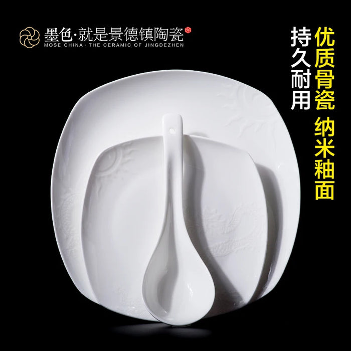 Jingdezhen ceramic ink 56 high-grade embossed white bone china porcelain tableware bowl dishes Panlong Yan