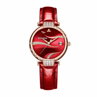 Reef Tiger/RT Automatic Watches Women Rose Gold Case Red Genuine Leather Strap Day Automatic Diamond RGA1589