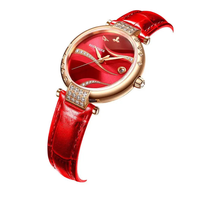 Reef Tiger/RT Automatic Watches Women Rose Gold Case Red Genuine Leather Strap Day Automatic Diamond RGA1589