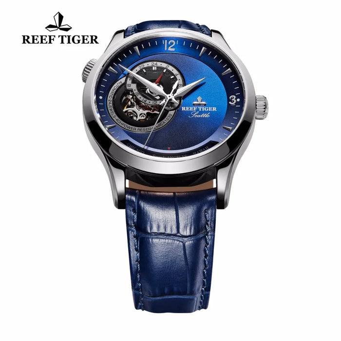 Reef Tiger/RT Designer Casual Watches Blue Dial Stainless Steel Automatic Watch Genuine Leather Strap RGA1693