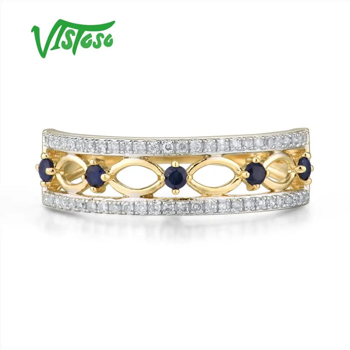 VISTOSO 14K Yellow Gold Rings For Women Genuine Sparkling Diamond Fancy Blue Sapphire Engagement Anniversary Unique Fine Jewelry