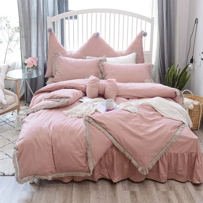 Princess Pink Bed set crown Duvet cover bed sheet pillowcase Sets White Elegant bedding sets king size lace comforter cover