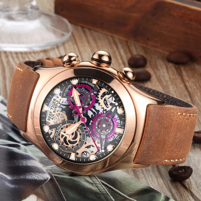 Reef Tiger/RT Skeleton Sport Watches for Men Rose Gold Luminous Quartz Watches Genuine Leather Strap RGA792