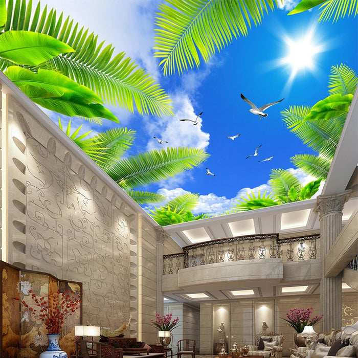 Custom 3D Ceiling Mural Photo Wallpaper Living Room Theme Hotel Ceiling Wall Decor Blue Sky White Clouds Beach Tree Wall Papers