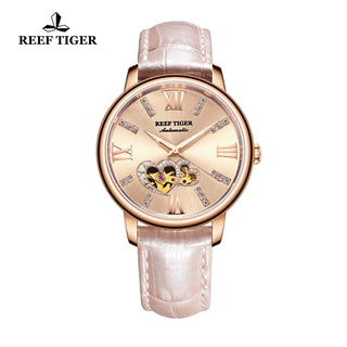 Reef Tiger/RT Luxury Brand Women Watches Rose Gold Automatic Watches Leather Strap  Diamond Watches Reloj Mujer RGA1580