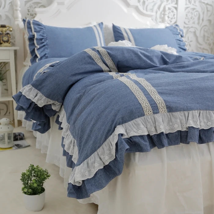 Morden Jeans Color Blue White Brief Pure Cotton Embroidered Lace Bedding Kit Queen King Size DuvetCover Pillowcase BedSheet Sets