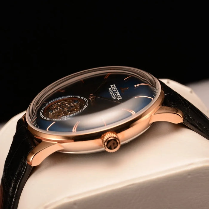 Reef Tiger/RT Men Luxury Brand Tourbillon Watch Blue Rose Gold Automatic Watches Genuine Leather Strap relogio masculine RGA1930