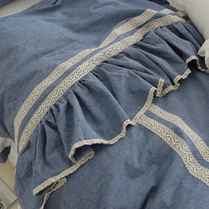 Morden Jeans Color Blue White Brief Pure Cotton Embroidered Lace Bedding Kit Queen King Size DuvetCover Pillowcase BedSheet Sets