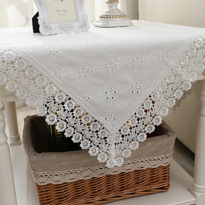 Cotton Linen Tablecloth Flower Embroidery Lace Hem Splice Simple European Style Cover Washable Table Cloth for Tea Table