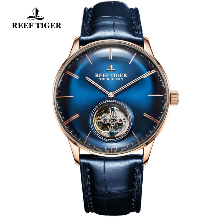 Reef Tiger/RT Blue Tourbillon Watch Men Automatic Mechanical Watches Genuine Leather Strap relogio masculine RGA1930