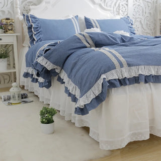 Morden Jeans Color Blue White Brief Pure Cotton Embroidered Lace Bedding Kit Queen King Size DuvetCover Pillowcase BedSheet Sets