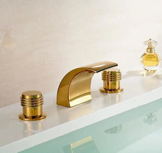 Wash basin faucet waterfall hot and cold, Copper three hole sink basin faucet golden, Brass handle bathroom bathtub faucet deck