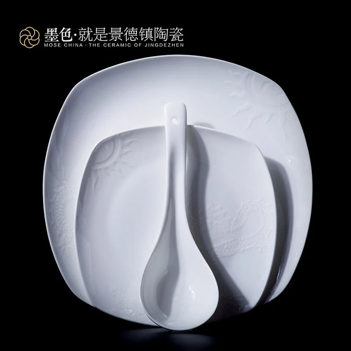 Jingdezhen ceramic ink 56 high-grade embossed white bone china porcelain tableware bowl dishes Panlong Yan