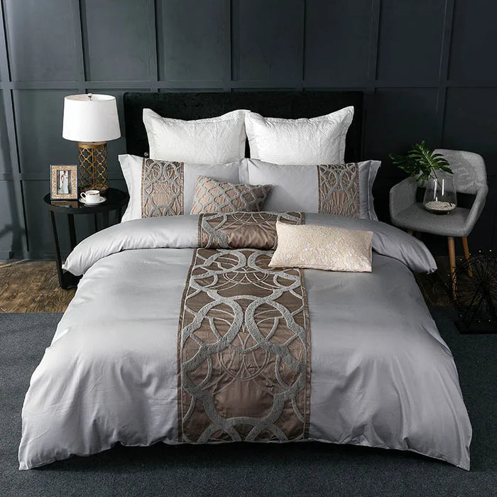 4/7Pcs Grey Luxury Egyptian cotton bedding set California US queen king embroidery duvet cover Deep Pocket Fitted sheet