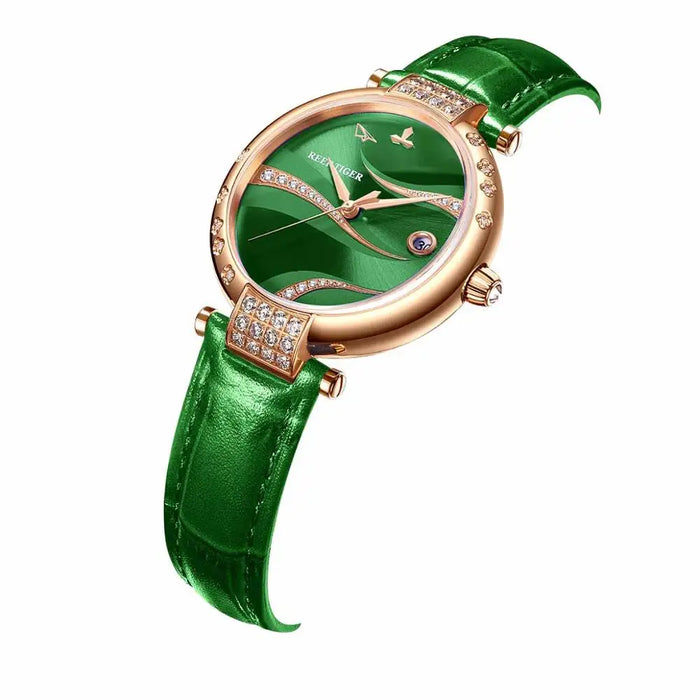 New  Reef Tiger/RT Designer Diamond  Luxury Women Rose Gold Watch Green Dial Waterproof Genuine Leather Strap Automatic RGA1589