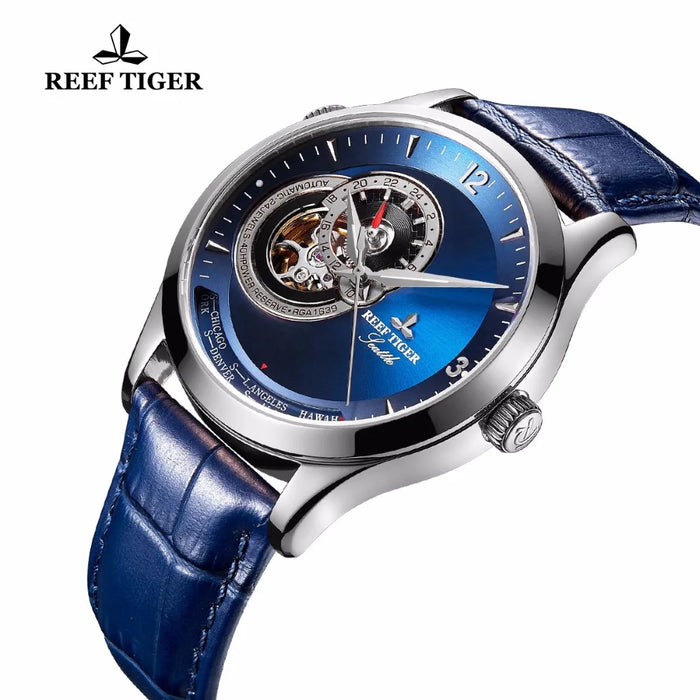 Reef Tiger/RT Designer Casual Watches Blue Dial Stainless Steel Automatic Watch Genuine Leather Strap RGA1693