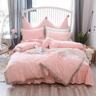 Princess Pink Bed set crown Duvet cover bed sheet pillowcase Sets White Elegant bedding sets king size lace comforter cover