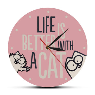 Life Is Better With A Cat Inspirational Cat Quote Modern Wall Clock Watch Girl Room Pink Wall Decor Cat Lover Housewarming Gift