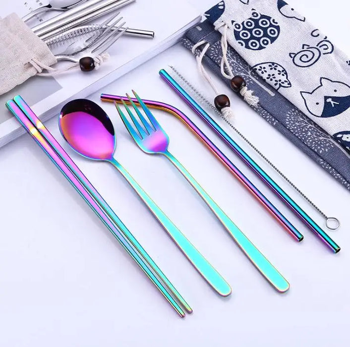 Stainless Steel Flatware Set 5pcs/set Reusable Metal Fork Spoon Chopsticks Portable Travel Silverware Set SN1608