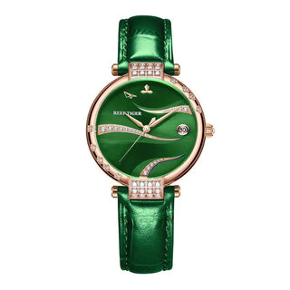 New  Reef Tiger/RT Designer Diamond  Luxury Women Rose Gold Watch Green Dial Waterproof Genuine Leather Strap Automatic RGA1589