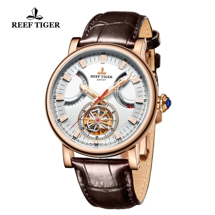 Reef Tiger/RT Automatic Watch for Men White Dial Leather Strap Watch with Date Day RGA1950