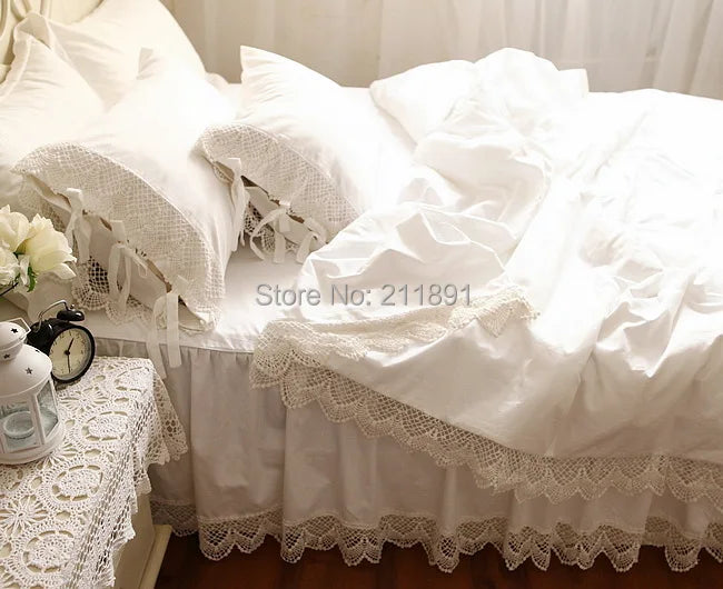 White Bedding Bed Skirt Sets Luxury Hollow Out Lace Egyptian Cotton Duvet Cover Bedspread Pillowcase Solid Color Home Textile