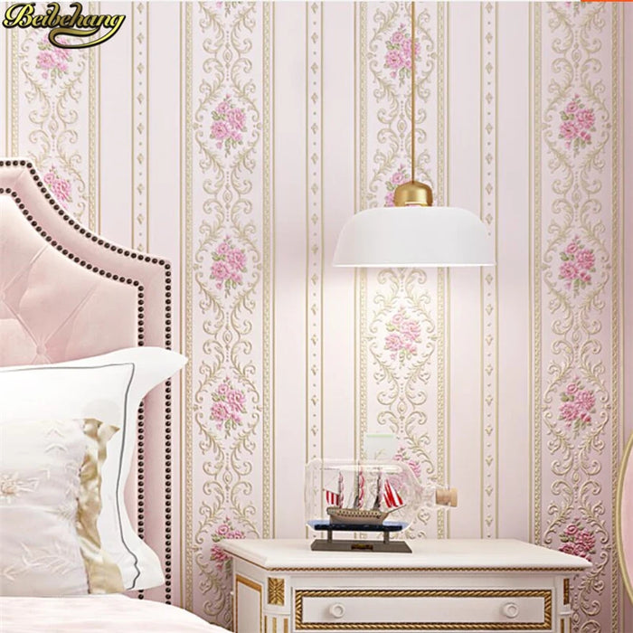 beibehang Simple garden 3D stereo non-woven stripes European self-adhesive wallpaper Bedroom living room wall self-adhesive wall