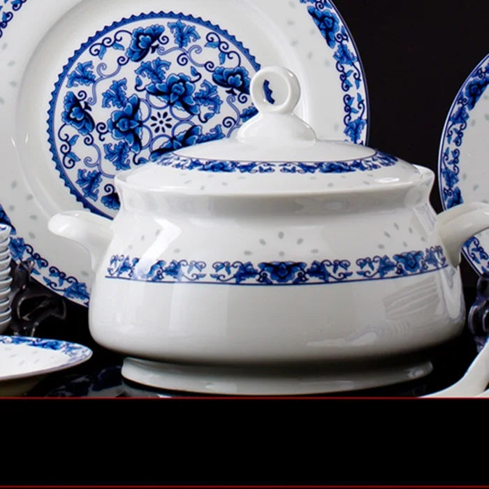 guci Jingdezhen pottery 56 piec  highgrade bone china porcelain  blue porcelain jade tree wrapped tableware set dishes  marriage