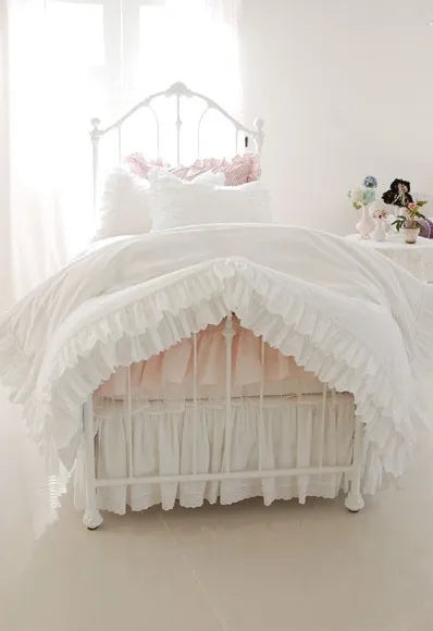 Korean Princess Cotton Pink  Ruffle Beding 4pcs set Sweet Bows Duvetcover Bedskirt White Elegant TWIN size Bedding Free shipping